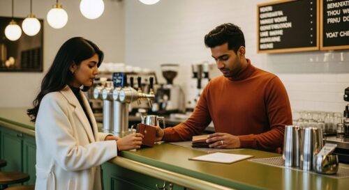 Op de afbeelding zie je twee mensen die interactie hebben in een winkel. Uiteindelijk hoort de klant te betalen en krijgt ze een bonnetje mee. De winkel kan kassarollen kopen bij lekkerpinnen.nl